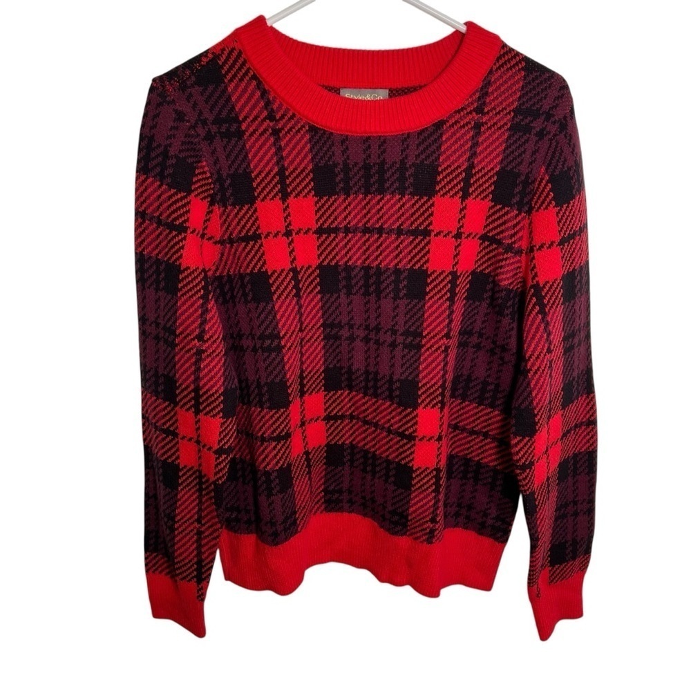 Style & Co Women's Size Medium Crewneck Sweater Red Black Plaid Whimsy Crewneck